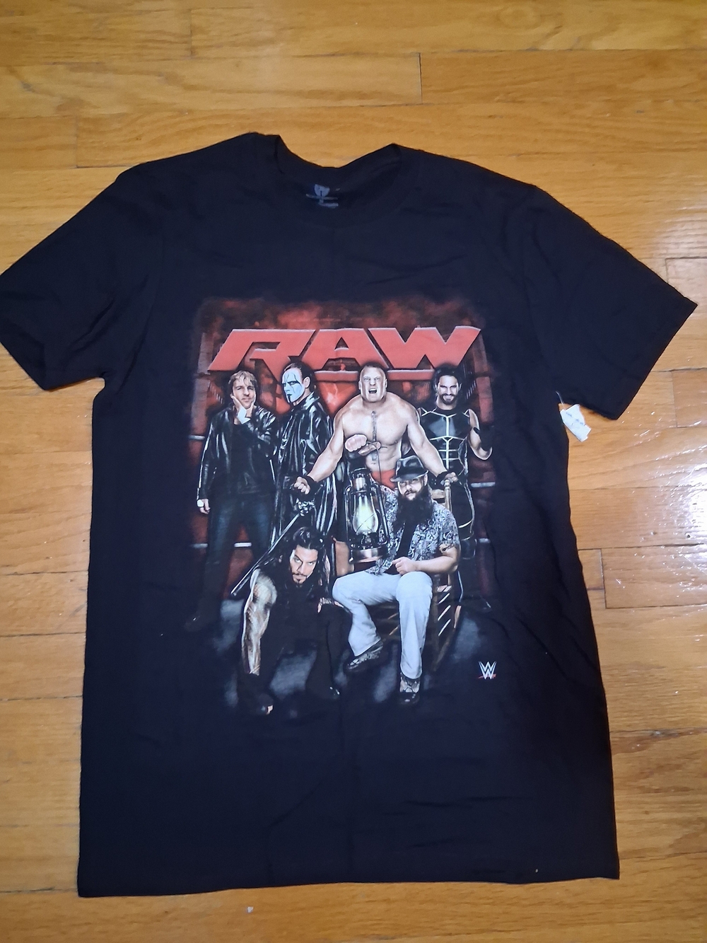 WWE RAW Black Graphic Tee with Red Logo and Multicolor Character Art